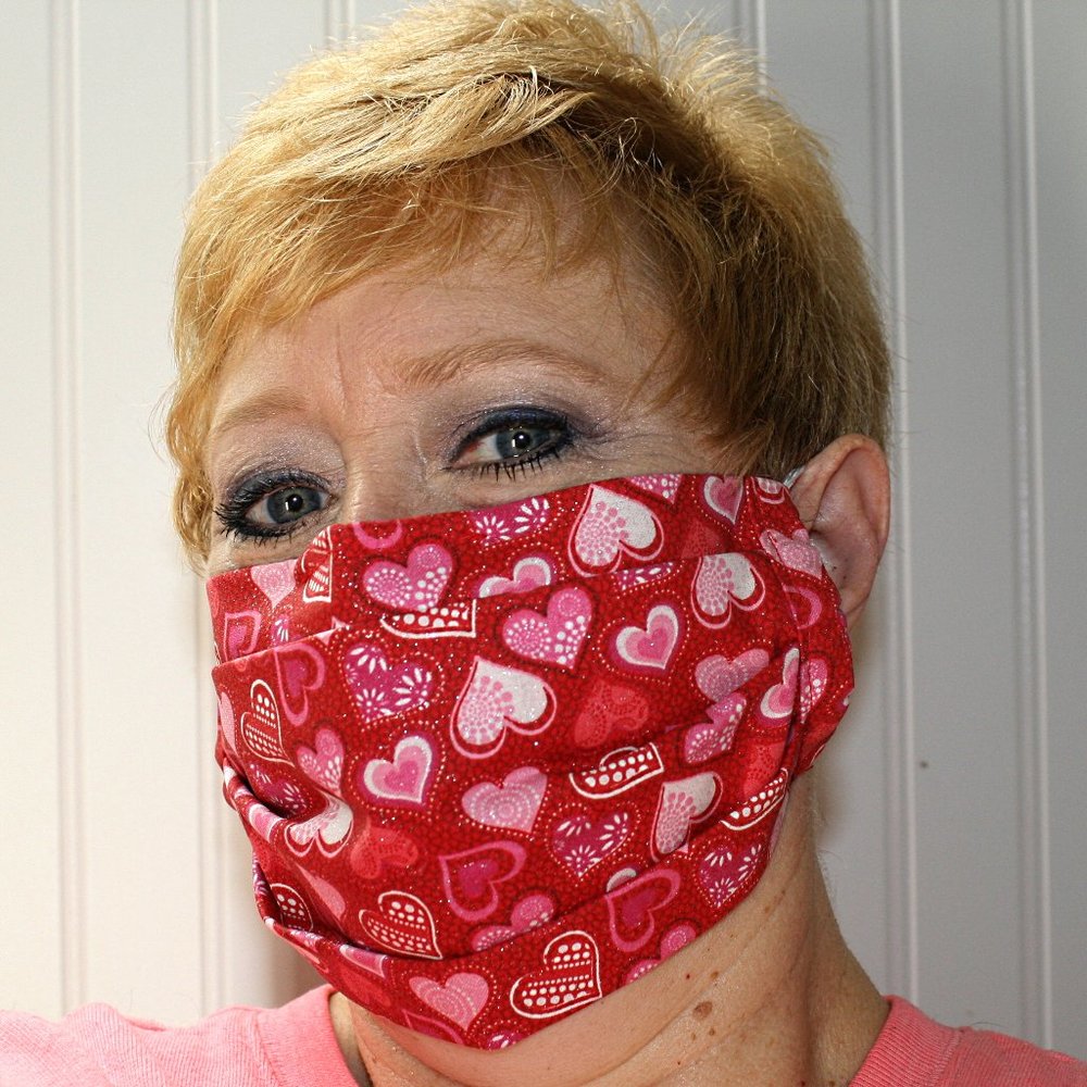 HAND CRAFTED Face Mask Hearts Red Adult Cloth Fabric Print - Pocket Style